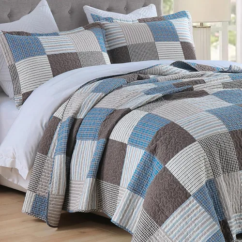 Vista 2 de Y-PLWOMEN Colchas 100% algodón tamaño Queen Farmhouse Plaid 3 piezas ropa de cama Azul y marrón