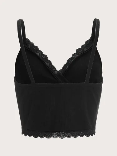 Vista 2 de MakeMeChic Camiseta corta sin mangas con cuello en V y ribete de encaje Y2K para mujer