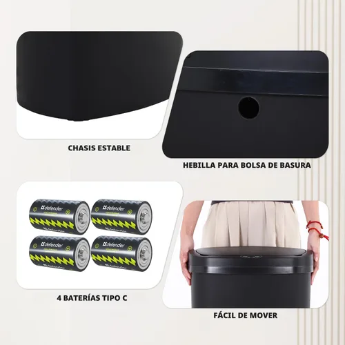 Vista 6 de PayLessHere Bote de basura de plástico de 13 galones Negro Tapa automática sin contacto con sensor de movimiento Bote de basura de cocina