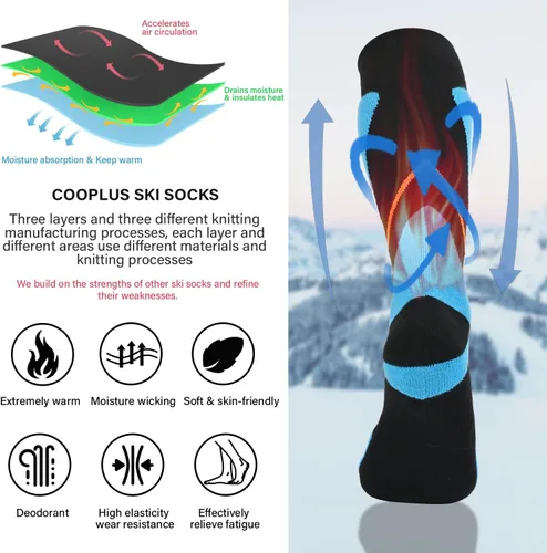 Vista 3 de COOPLUS 2 pares de calcetines de esquí para hombres y mujeres, calcetines de compresión hasta la rodilla para esquí, snowboard, senderismo, deportes