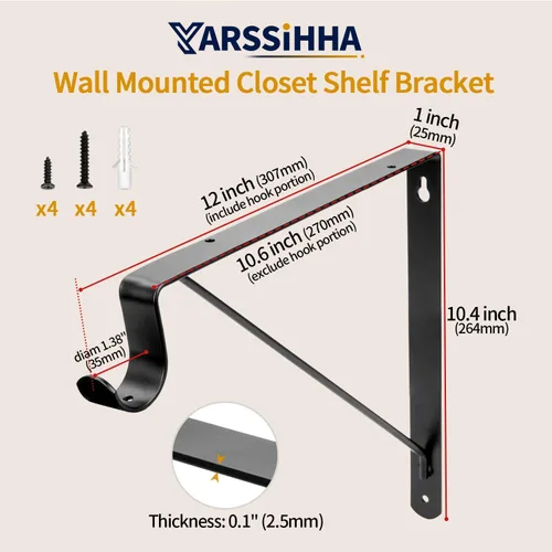 Vista 2 de Yarssihha Paquete de 2 Soportes para Barra de Armario, Soporte de Estante de Armario Montado en Pared de 12 x 10.4 Pulgadas, Soporte Negro