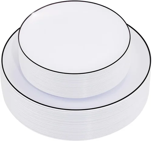 Vista 10 de ejonirinjonir EI 60 platos de plástico beige con borde dorado, platos desechables marfil, plato de plástico de lujo resistente, cena de 10 pulgadas
