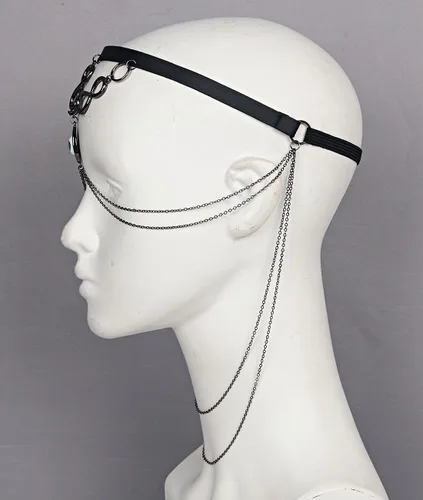 Vista 5 de L'VOW Diadema con borlas de metal, velo Cyborg, máscara de cadena facial para fiesta de rock, traje de rave, joyería para mujeres y hombres