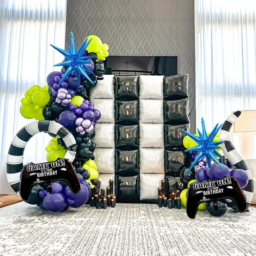 Vista 6 de Jobkoo Kit de Guirnalda de Arco de Globos de Videojuegos con Globos de Papel Metálico de Controlador de Juego Globos de Látex Azules Verdes Negros