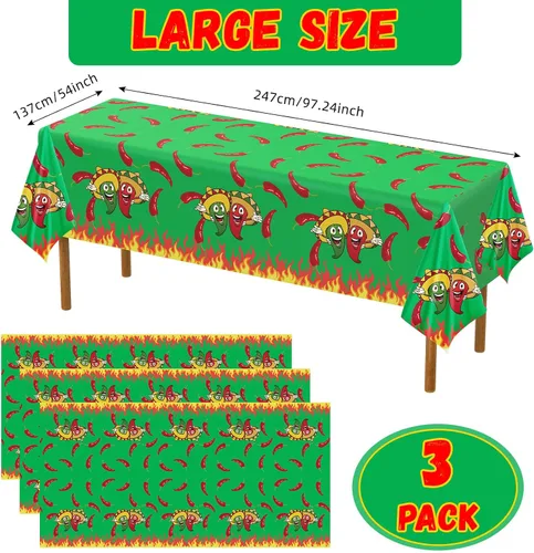 Vista 2 de Remerry Mantel de plástico con chile del Cinco de Mayo, desechable, color rojo y verde, suministros de decoración para mesa rectangular, fiesta