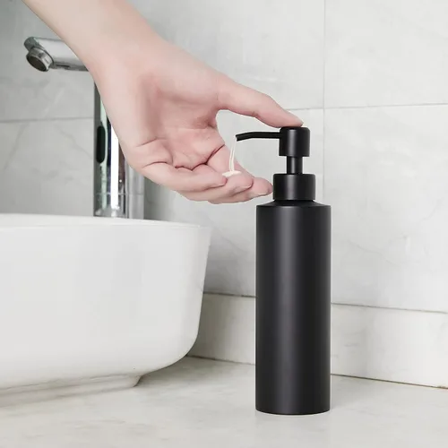 Vista 4 de Dispensador de jabón, negro mate con embudo y posavasos antideslizante, acero inoxidable 304, botella desinfectante de manos para baño y cocina
