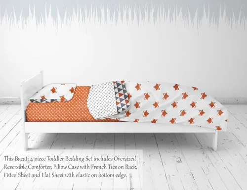 Vista 5 de Bacati Playful Foxs - Juego de ropa de cama neutra de 4 piezas, naranja/gris, 100% algodón, incluye edredón reversible, sábana bajera, sábana
