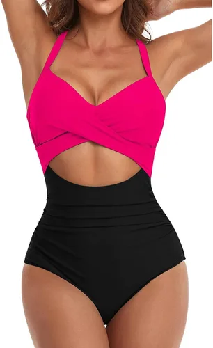 Vista 4 de Traje de baño de una pieza para mujer con cuello halter y bikini de playa (con almohadilla de pecho sin brasier de acero)