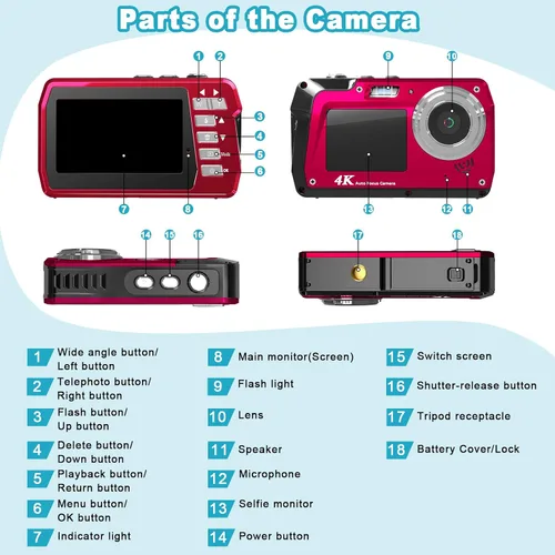 Vista 6 de Cámara digital subacuática 4K 48MP impermeable con tarjeta de 32 GB, selfie de doble pantalla (frontal y trasera), buceo de 10 pies/3M