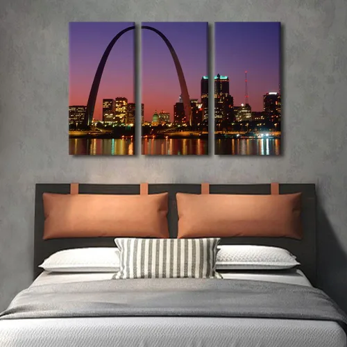 Vista 4 de TUMOVO Lienzo decorativo para pared, diseño de paisaje urbano de San Luis por la noche, para sala de estar, arco, pintura abstracta moderna, paisaje