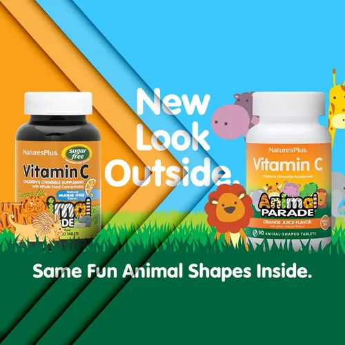 Vista 2 de NaturesPlus Animal Parade Vitamina C para niños sin azúcar, sabor a jugo de naranja natural, 90 tabletas masticables en forma de animales, apoyo
