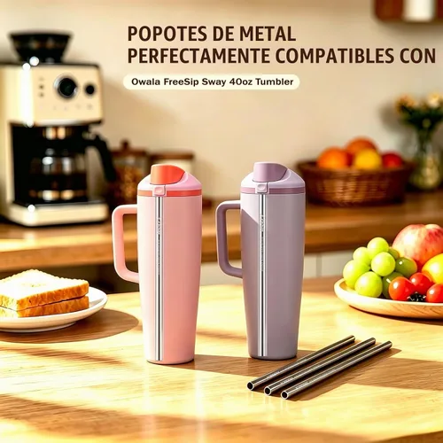 Vista 3 de 6 popotes de metal de repuesto compatibles con vaso Owala FreeSip de 40 onzas, con 2 limpiadores de pajitas, popotes reutilizables de acero