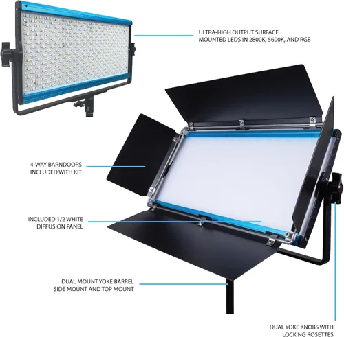 Vista 4 de Dracast Serie X LED1000 RGB + kit de 3 luces LED bicolor con estuche de viaje moldeado por inyección Control de aplicación Regulable 0-100%