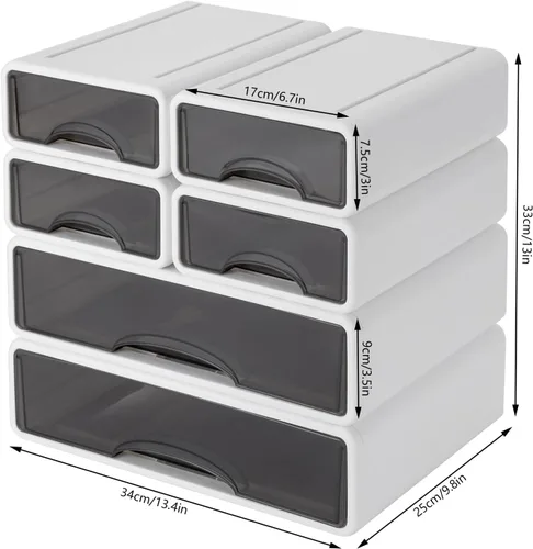 Vista 3 de Caja de almacenamiento apilable de oficina con cajones, caja de almacenamiento de escritorio de oficina con 6 cajones, organizador de cajones