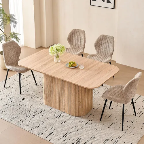 Vista 16 de Juego de 4 mesas de comedor grandes de 63 pulgadas para 4, esquinas redondeadas, mesa de cocina rectangular moderna de madera con sillas Boucle