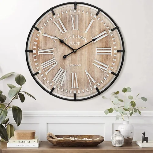 Vista 5 de Reloj de pared grande de granja, reloj de pared de madera rústica de 24 pulgadas decorativo con círculo de metal y números grabados, funciona