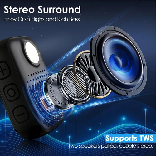 Vista 3 de Altavoz con clip Bluetooth, altavoz Bluetooth portátil manos libres con micrófono integrado, IPX7 impermeable/protección contra el polvo, luz