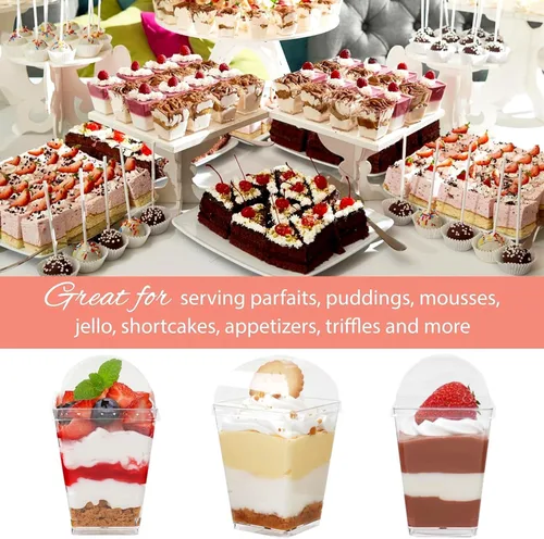 Vista 4 de Zezzxu Paquete de 100 Tazas de Postre de 5 oz con Tapas de Cúpula y Cucharas, Tazas de Pudín de Plástico con Tapas Mini Tazas de Parfait Shooter
