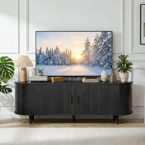 Vista 7 de Soporte de TV moderno de mediados de siglo de 58 pulgadas, consolas de TV de madera con puertas correderas y toma de corriente, centro