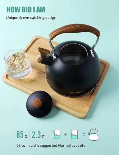 Vista 3 de Hervidor de Té, BELANKO 85 OZ / 2.5 Litros Hervidor de Té Silbante, Teteras para Estufa de Acero Inoxidable Grado Alimentario con Mango Plegable