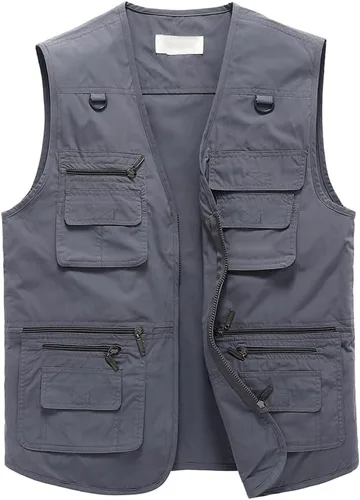 Vista 2 de Hbufnha Chaleco de viaje casual Safari para hombre, 16 bolsillos, chaleco de trabajo al aire libre, chaqueta sin mangas, chaqueta de pesca