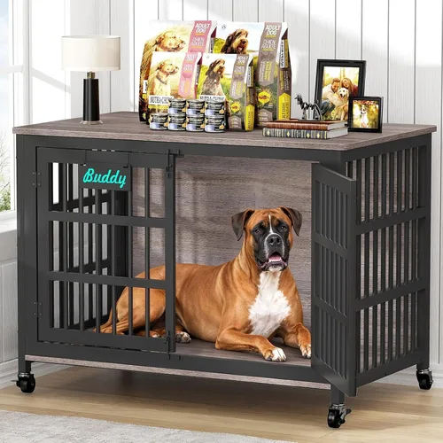 Vista 14 de EasyCom 33"/27" Mueble de jaula para perros con etiqueta de nombre, perrera para perros de uso interior resistente para perros medianos y pequeños