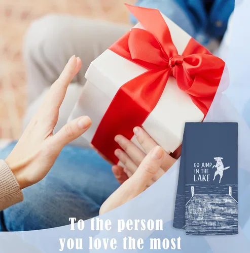Vista 6 de Toallas de cocina azules con decoración de casa del lago, regalos para casa del lago, toallas de cocina divertidas con temática de perro del lago