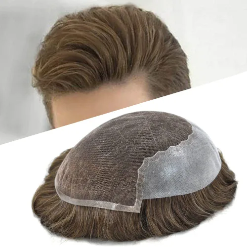 Vista 81 de Pieza de cabello para hombres suizo frente encaje frontal tupé europeo Remy sistema de reemplazo de cabello humano nudo blanqueado línea capilar