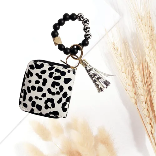 Vista 4 de Llavero de pulsera con bonito estampado de vaca, tarjetero con bolsillo, monedero, llavero para mujer