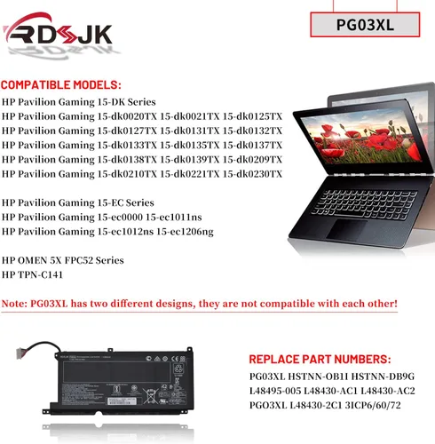 Vista 3 de PG03XL - Batería para portátil HP Pavilion Gaming 15-DK 15-dk0020TX 15-dk0021TX 15-EC 15-ec0000 15-ec1011ns OMEN 5X FPC52 Series PGO3XL HSTNN-OB1I