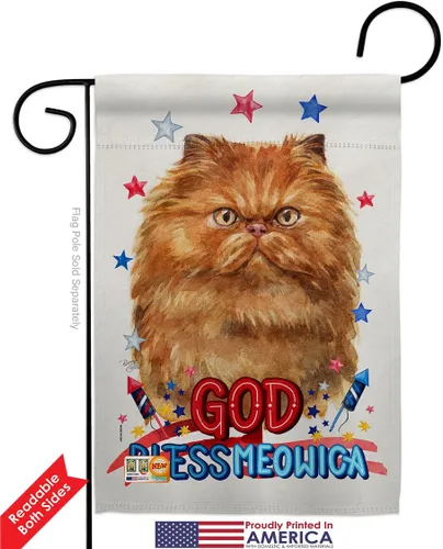 Vista 2 de Breeze Decor Bandera patriótica de color marrón persa para jardín, paquete de 2 unidades, gato, gatito, miau, piel de pata arruinada, mascota