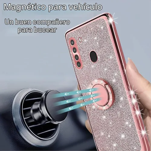 Vista 6 de Funda protectora para Samsung Galaxy A21 para mujer, con purpurina, suave, transparente, TPU de lujo, con correa de atril para A21 (rosa brillante)