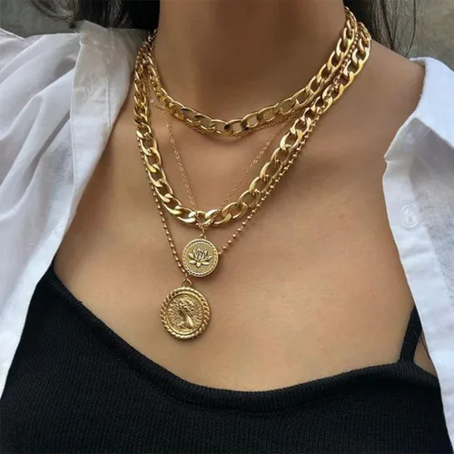 Vista 4 de MJartoria Collares de oro en capas para mujer, collar retro de moda con dije de moneda, collar de oro, cadena de eslabones gruesos, gargantilla