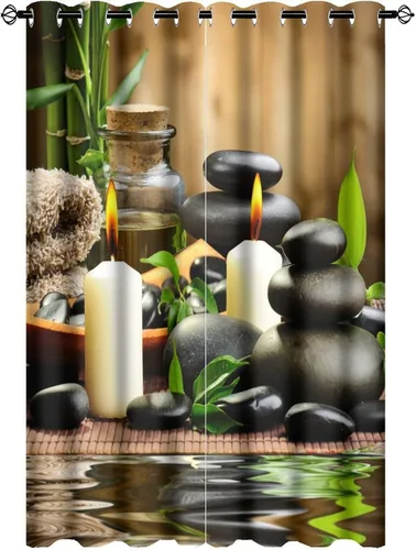 Vista 20 de Cortinas opacas de estilo japonés para dormitorio, hermoso pavo real, spa, verde, bambú, piedra negra, con ojales, aislamiento térmico, para Jardín