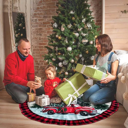 Vista 2 de ORTIGIA Falda de Árbol de Navidad de Camión de 48 Pulgadas Cuadros Búfalo Rojo Negro Falda de Árbol de Navidad Cuello Borde con Volantes para Granja