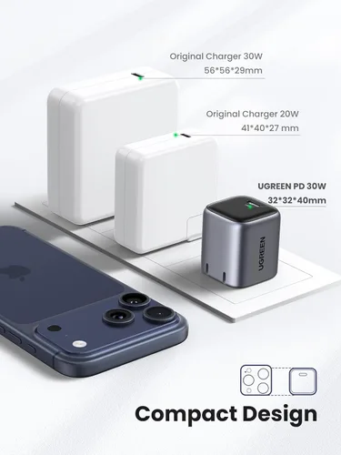 Vista 5 de UGREEN Cargador USB C de 30 W para iPhone 17, Nexode plegable GaN PPS compacto y rápido cargador de pared, adaptador de corriente USB-C para iPhone