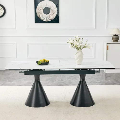 Vista 5 de Mesa de comedor extensible moderna para 4-8 personas, mesa de cocina de piedra sinterizada expandible con base de metal negro, ahorro de espacio
