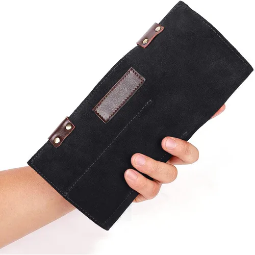 Vista 8 de Bolsa de tijeras de salón enrollable, 12 bolsillos de cuero genuino para estilista, soporte para tijeras de peluquería para peluquería Hj-ZP011-negro