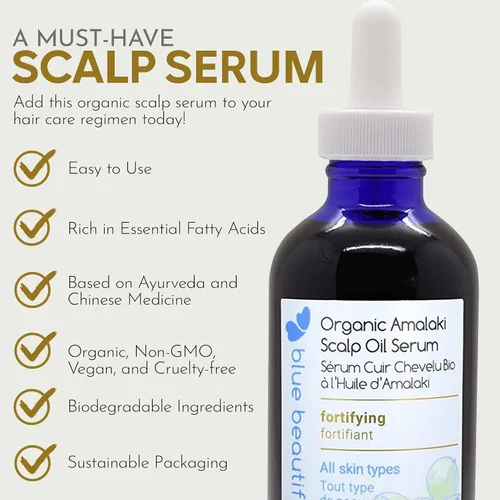 Vista 2 de Blue Beautifly Aceite orgánico Amla para suero del cuero cabelludo, fortalece los folículos pilosos, restaura el crecimiento y trata la caspa