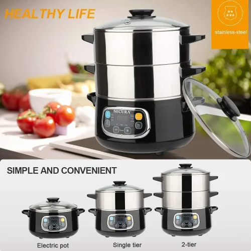 Vista 2 de Secura Vaporizador eléctrico de alimentos, cestas apilables de doble nivel con temporizador, 1200 W, calentamiento rápido, acero inoxidable