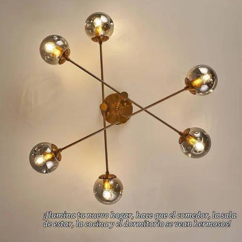 Vista 7 de DDLLDESHI Lámpara de araña de 6 luces dorada con cubierta esférica de vidrio Sputnik, lámpara de techo de 34" de gran tamaño para comedor, lámparas