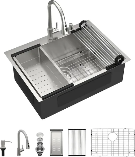 Vista 15 de Dcolora Fregadero de cocina empotrado de 25 pulgadas con grifo, fregadero pequeño de acero inoxidable de sobreponer, fregaderos de preparación