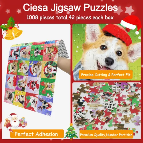 Vista 4 de Calendario de Adviento 2025 rompecabezas de perros de Navidad, 24 cajas de 1008 piezas, rompecabezas de cuenta regresiva para Navidad, regalos