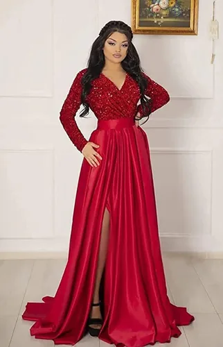 Vista 2 de YMSHA Vestido de fiesta de graduación con lentejuelas brillantes para mujer, con bolsillos, manga larga, satén, vestido de noche formal con abertura