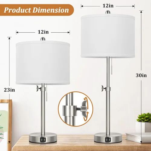 Vista 4 de Kondras Juego de 2 lámparas de mesa para dormitorio, lámpara de noche con 2 puertos USB, lámpara de mesa alta ajustable de 23 a 30 pulgadas