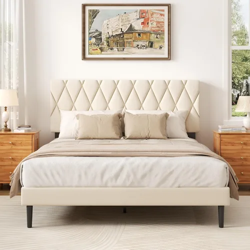 Vista 3 de CXVX Marco de cama tamaño completo con cabecera capitonada de diamante, cama plataforma tapizada en terciopelo y soporte de listones de madera, sin