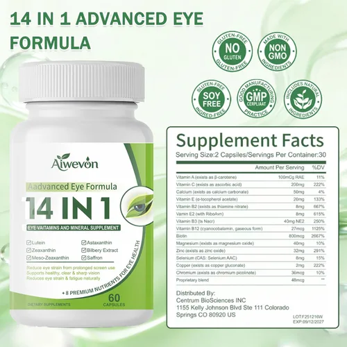 Vista 3 de Suplemento de vitaminas oculares 14 en 1 para la visión y la salud ocular - Fórmula de apoyo macular de luteína y zeaxantina para una visión clara