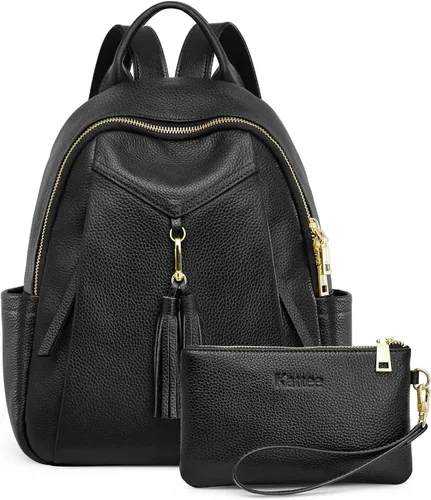 Vista 7 de Kattee Mochila de cuero genuino para mujer, suave, casual, bolsa de viaje de moda con cartera de muñeca, Negro