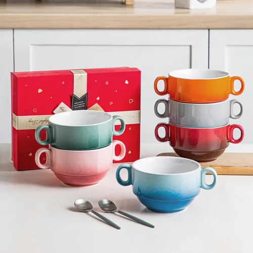 Vista 7 de LOVECASA Cuencos de Sopa Multicolor de 12 OZ con Asas, Cuencos Pequeños de Cerámica para Sopa de Cebolla Francesa, Mini Tazas de Sopa Cuencos