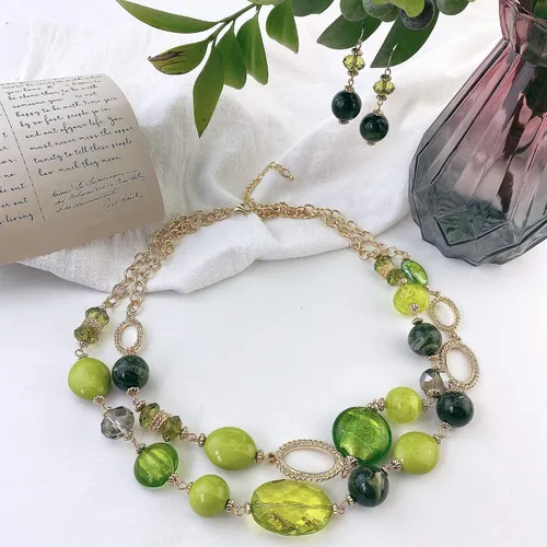 Vista 3 de COIRIS Women's Beaded 2 Layer Strand Statement Necklace with Earrings Collar Jewelry Set (N0003)